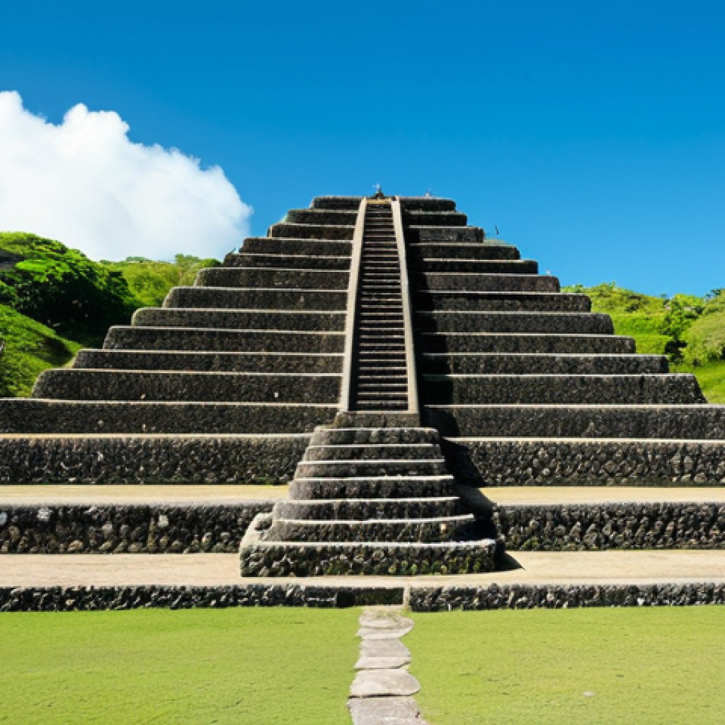 A wide shot capturing the majestic scale of a Tongan Langi (royal burial mound), featuring massive, precisely cut coral slabs forming multi-tiered platforms. The ancient structure stands against a serene, lush Tongan landscape under a clear, bright sky, exuding a sense of profound history and peace. The scene is illuminated by soft, natural daylight. perfect anatomy, correct proportions, natural pose, well-formed, proper formation, natural body proportions, professional photography, high quality, realistic, fully clothed, modest clothing, appropriate attire, safe for work, appropriate content, professional.