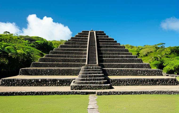 A wide shot capturing the majestic scale of a Tongan Langi (royal burial mound), featuring massive, precisely cut coral slabs forming multi-tiered platforms. The ancient structure stands against a serene, lush Tongan landscape under a clear, bright sky, exuding a sense of profound history and peace. The scene is illuminated by soft, natural daylight. perfect anatomy, correct proportions, natural pose, well-formed, proper formation, natural body proportions, professional photography, high quality, realistic, fully clothed, modest clothing, appropriate attire, safe for work, appropriate content, professional.