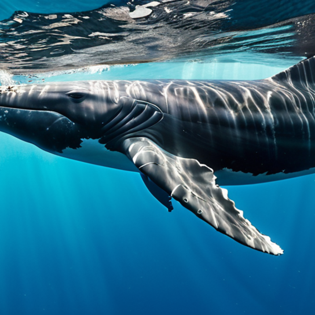An adult individual, fully clothed in a modest rash guard and snorkeling gear, respectfully observing a majestic humpback whale and its calf gracefully gliding in crystal-clear, sun-dappled turquoise waters of Tonga. Vibrant coral reefs with colorful marine life are visible in the background. The scene captures a profound, awe-inspiring connection with nature. Safe for work, appropriate content, fully clothed, modest, family-friendly, perfect anatomy, correct proportions, natural pose, well-formed hands, proper finger count, natural body proportions, professional underwater photography, high quality, photorealistic.