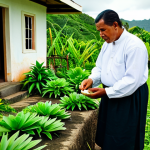 Traditional Tongan Healer**

"A wise Tongan *kau faito'o* (traditional healer), fully clothed in modest traditional attire, preparing herbal remedies in a lush, green Tongan village setting. He is surrounded by medicinal plants and herbs. The background includes traditional Tongan architecture. The image should convey a sense of peace, wisdom, and connection to nature. Safe for work, appropriate content, perfect anatomy, natural proportions, well-formed hands, proper finger count, professional photography, high quality, family-friendly."

**