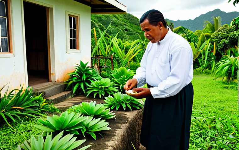 Traditional Tongan Healer**
"A wise Tongan *kau faito'o* (traditional healer), fully clothed in modest traditional attire, preparing herbal remedies in a lush, green Tongan village setting. He is surrounded by medicinal plants and herbs. The background includes traditional Tongan architecture. The image should convey a sense of peace, wisdom, and connection to nature. Safe for work, appropriate content, perfect anatomy, natural proportions, well-formed hands, proper finger count, professional photography, high quality, family-friendly."
**