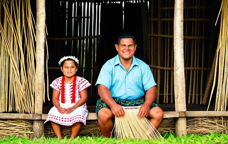 통가에서 할 수 있는 로컬 투어 프로그램 - Cultural Immersion**
"A Tongan family fully clothed in traditional Tongan attire, demonstrating tra...