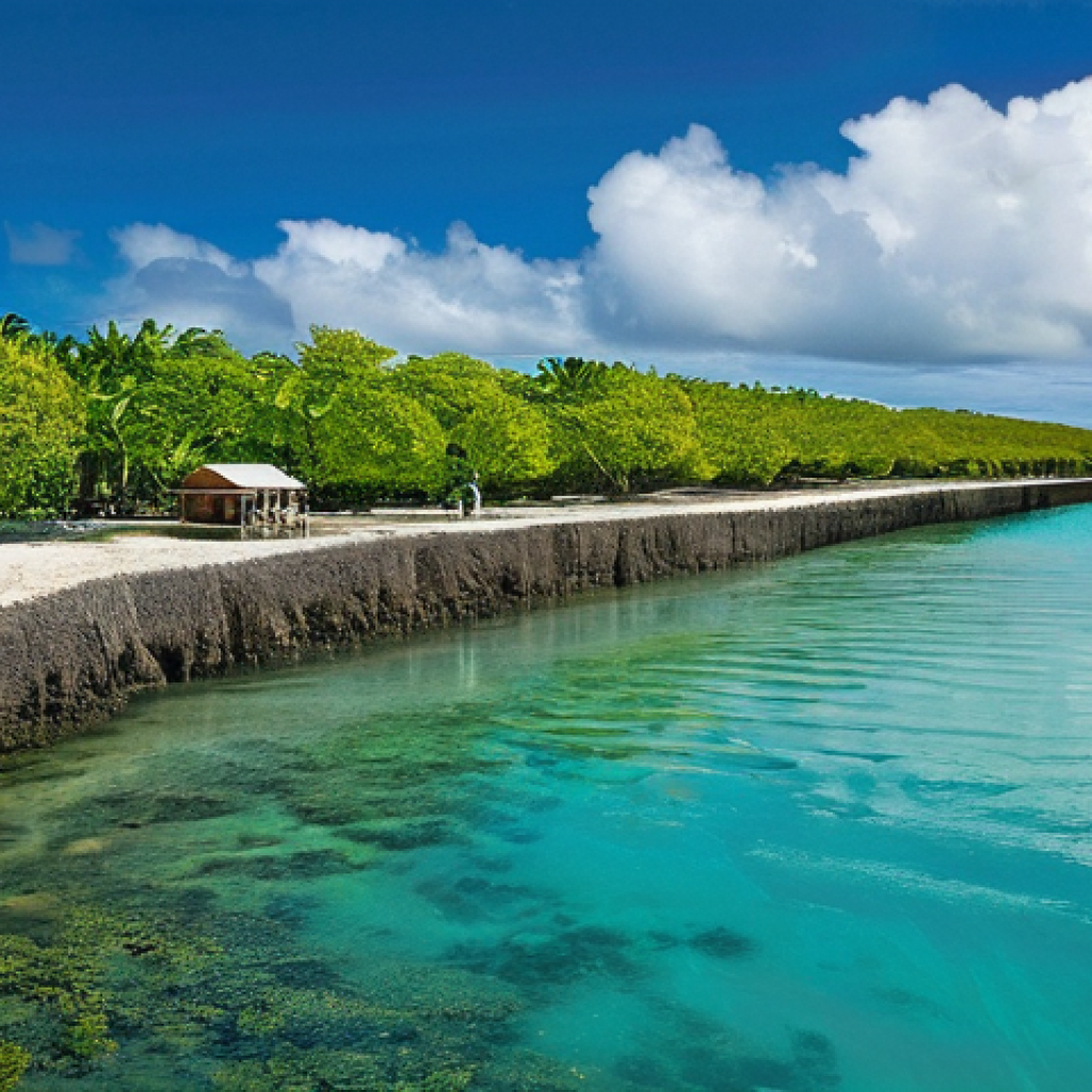통가 기후 변화 대응 전략 - **Image Title: Coastal Fortification and Living Barriers in Tonga**
    A wide-angle, vibrant photog...