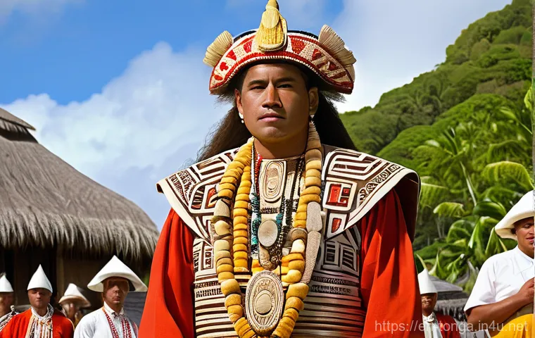 통가 역사적 사건 및 분쟁 - **Prompt:** A majestic depiction of an ancient Tu'i Tonga king, around 950 AD, standing with regal p...