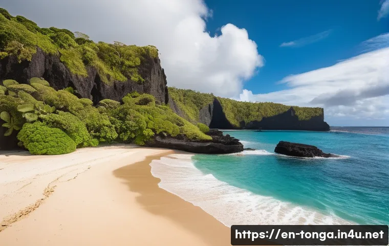 통가 유명한 영화 촬영지 - **"Tonga's Untouched Volcanic Coastline":** A breathtaking wide-angle shot of a pristine, rugged coa...