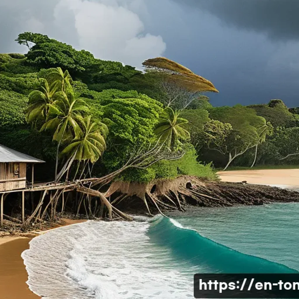 통가 해수면 상승 문제 - A detailed coastal scene of Tonga showing accelerated erosion: sandy beaches dramatically receding w...