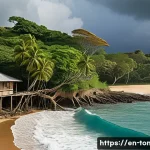 Home 22 통가 해수면 상승 문제 - A detailed coastal scene of Tonga showing accelerated erosion: sandy beaches dramatically receding w...