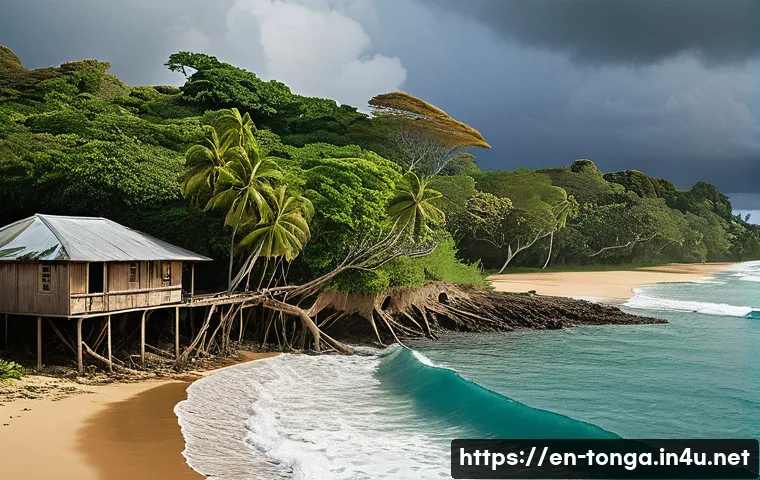 통가 해수면 상승 문제 - A detailed coastal scene of Tonga showing accelerated erosion: sandy beaches dramatically receding w...