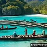 Home 21 통가 환경 보호 정책 - A vibrant coastal village scene in the South Pacific, showing local fishermen collaborating on susta...