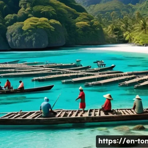 Home 33 통가 환경 보호 정책 - A vibrant coastal village scene in the South Pacific, showing local fishermen collaborating on susta...