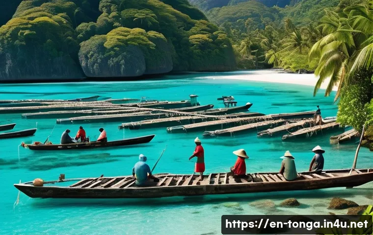 통가 환경 보호 정책 - A vibrant coastal village scene in the South Pacific, showing local fishermen collaborating on susta...