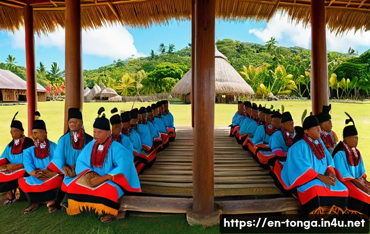 통가와 폴리네시아 문화권 비교 - A vibrant Tongan ceremonial gathering featuring noble chiefs and community members dressed in tradit...