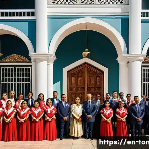 Home 31 통가 주요 정치인 및 정당 - A detailed scene of a traditional Tongan royal palace courtyard during a formal political gathering,...