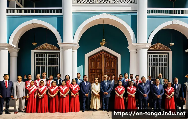 통가 주요 정치인 및 정당 - A detailed scene of a traditional Tongan royal palace courtyard during a formal political gathering,...