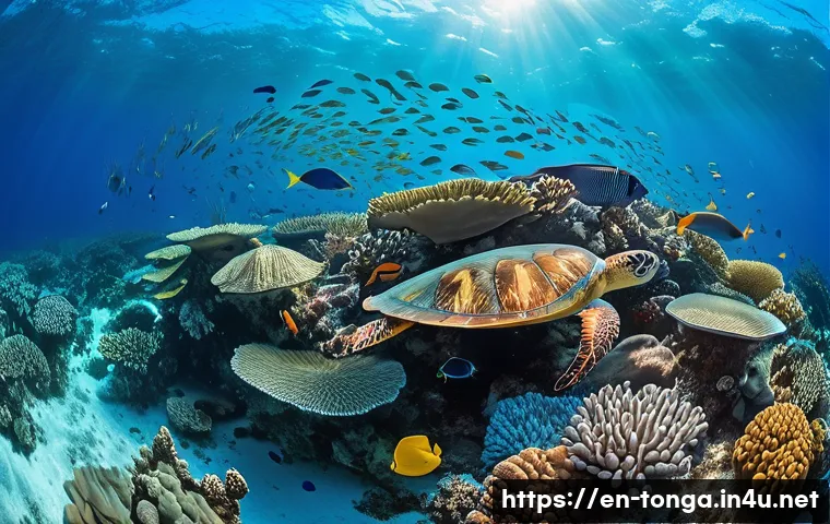 통가 주요 관광지 - A vibrant underwater scene in Tonga&rsquo;s coral reefs, featuring colorful tropical fish, sea turtles, an...