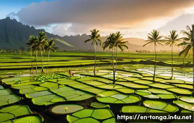 통가에서 재배되는 특산물 - A vibrant Tongan taro farm scene at sunrise, featuring lush green wetland patches with carefully irr...
