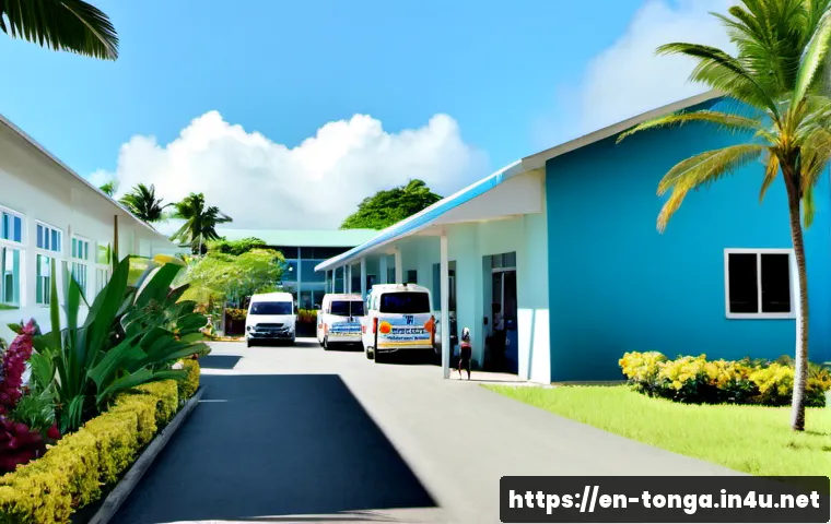 통가 현지 병원 정보 - Photorealistic exterior of a clean modern community hospital in Tonga, low white-and-blue buildings ...