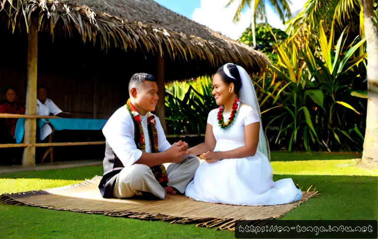 통가에서 결혼식 전통 의식 - Photorealistic Tongan pre-wedding blessing ceremony in a sunlit village courtyard, a fully clothed b...
