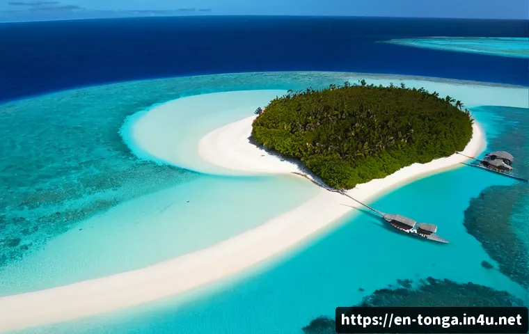 통가 하파이 군도 여행 - Photorealistic aerial view of the Ha'apai island group in Tonga, a quiet crescent-shaped white sand ...