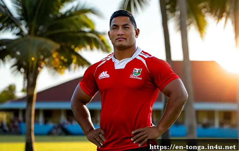 통가에서 유명한 스포츠 스타 - Photorealistic portrait of a celebrated Tongan rugby star standing confidently on a sunlit grass fie...