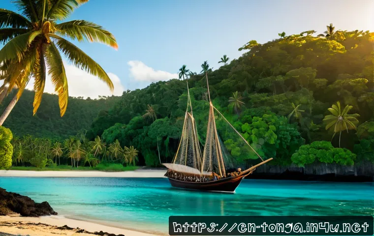 통가와 관련된 흥미로운 역사적 사건 - Photorealistic historical reenactment of Captain Cook’s sailing ship arriving near the lush shores o...